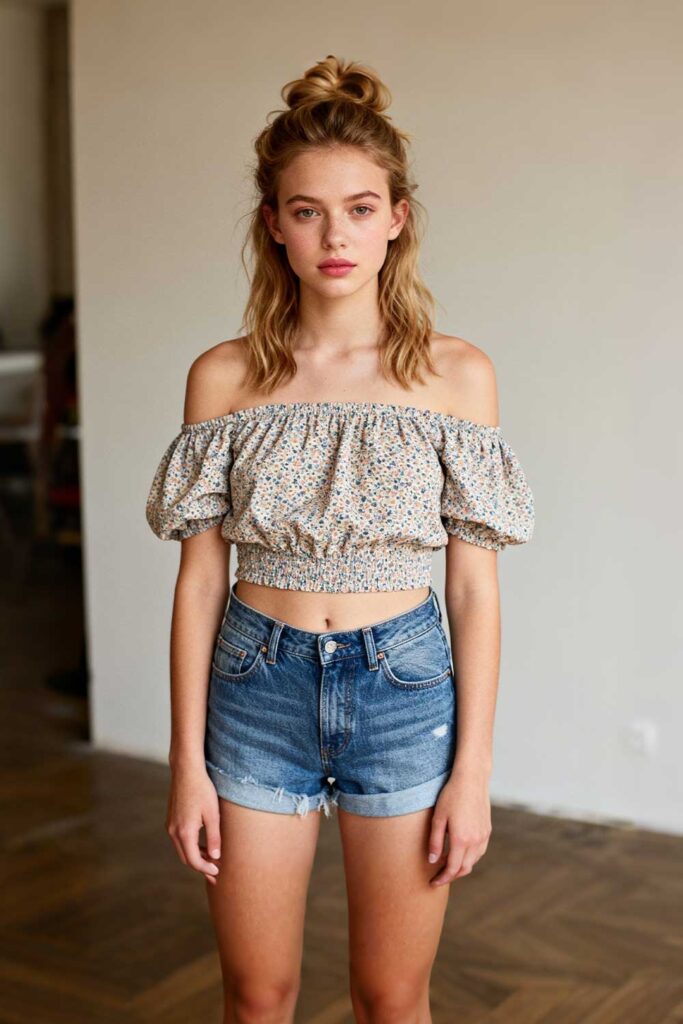 Denim-shorts-+-off-shoulder-tops