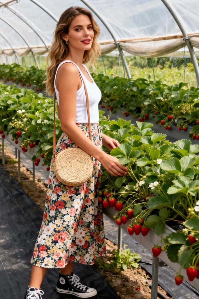 Floral-midi-skirt-+-white-fitted-tank-+-canvas-shoes-+-straw-crossbody