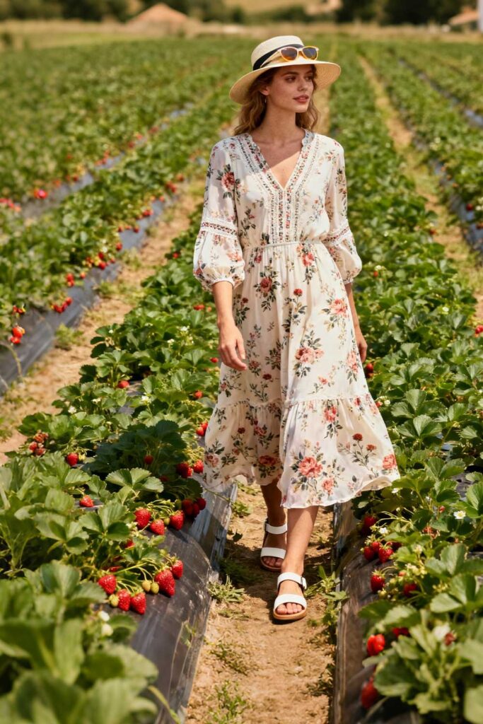 Flowy-cotton-or-cotton-blend-midi-dress-+-delicate-floral-print-+-flat-sandals-with-back-straps-+-sun-hat