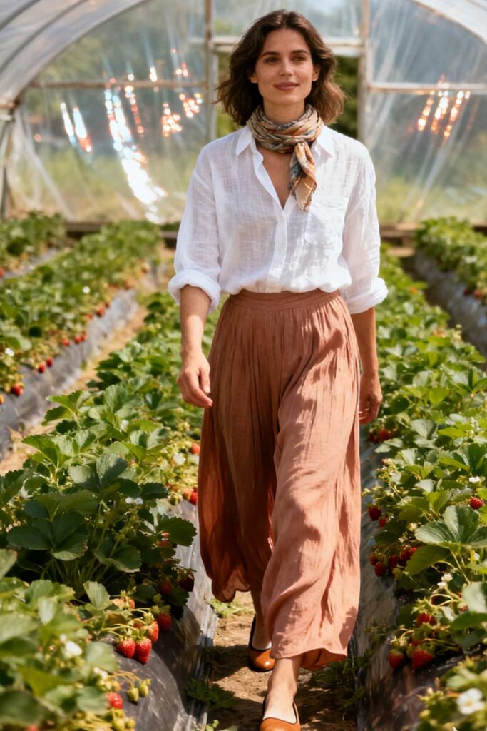 Flowy-palazzo-pants-+-button-down-linen-shirt-+-closed-toe-flats-+-sun-scarf