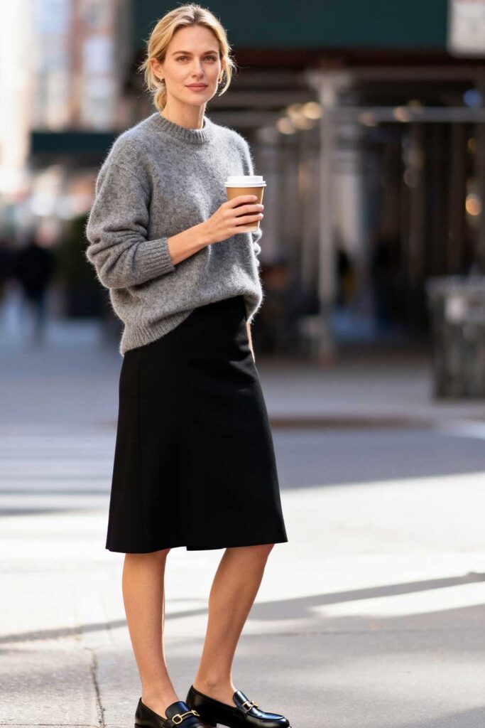 Friday-(TGIF-Energy)-Gray-sweater-+-black-skirt-+-loafers