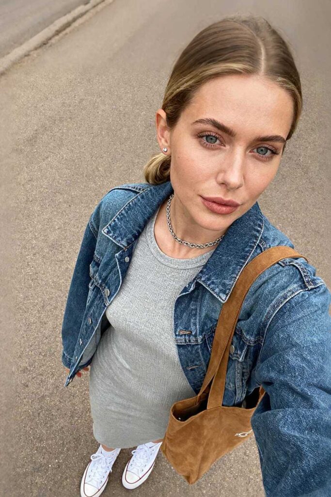Jersey-material-dress-+-classic-denim-jacket-+-canvas