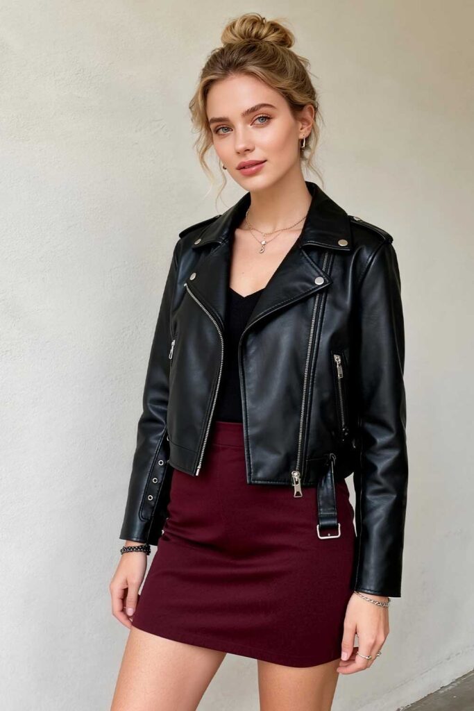 Leather-jacket-over-a-mini-dress-in-,-deep-burgundy,