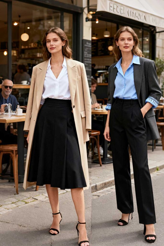 Light-blue-blouse-(with-sleeve-details)-+-black-straight-leg-pants-+-cropped-blazer