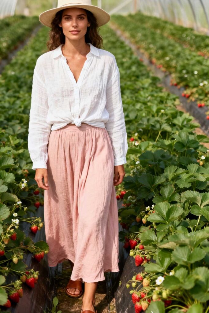Lightweight-maxi-skirt-+-long-sleeve-linen-shirt-+-flat-sandals-+-wide-brim-hat