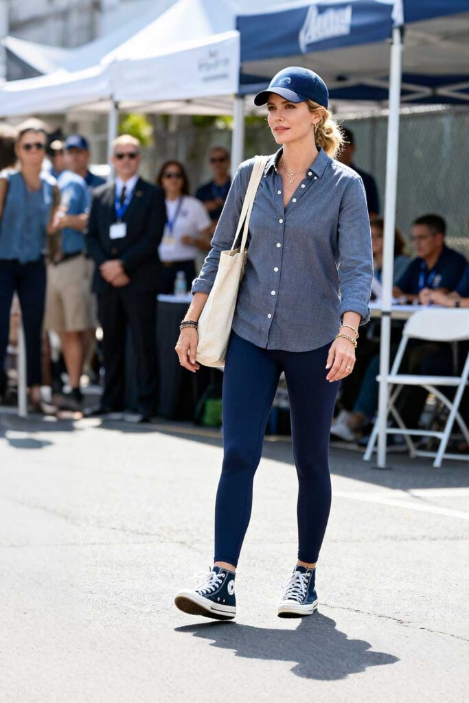 Navy-leggings-+-long-sleeve-button-down-shirt-+-canvas-sneakers-+-baseball-cap-+-tote-bag-Coach-meeting-or-team-parent-volun