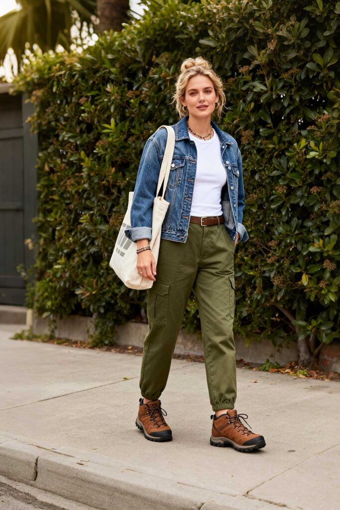 Olive-green-cargo-pants-+-white-fitted-tee-+-classic-denim-jacket-+-brown-hiking-inspired-sneakers-+-canvas-tote-bag.