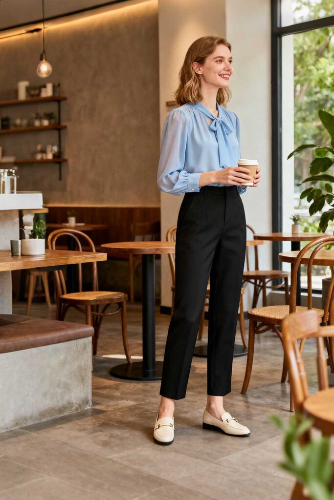 Professional-yet-comfortable-attire—think-blouses-with-dress-pants,-shift-dresses,-or-knit-sweaters-with-skirts.-Polished-but-not-as-formal-as-suits.