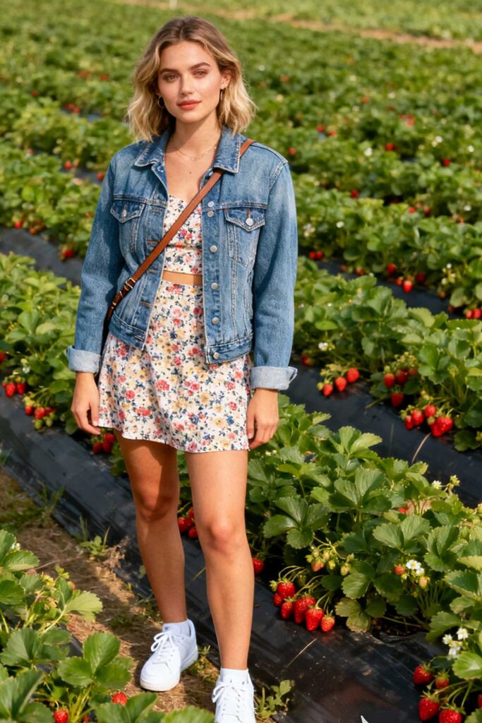 Short-floral-dress-+-denim-jacket-+-white-sneakers-+-crossbody-bag