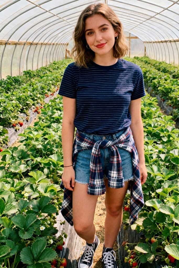 Stripe-Chic-Denim-shorts-+-navy-striped-tee-+-tied-plaid-shirt--canvas-shoes-(all-season-favorite)