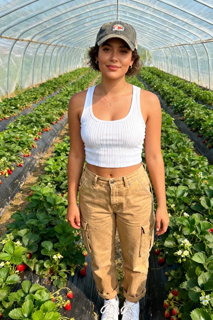 Tan-canvas-overalls-+-white-ribbed-tank-+-white-sneakers-+-baseball-cap-(all-season-staple)