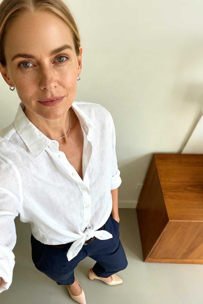 The-Shirt-Solution-White-button-down--any-color-trousers-skirt--low-heels-Mix-it-up--Roll-sleeves,-tuck-into-waistband,-or-tie-at-the-waist