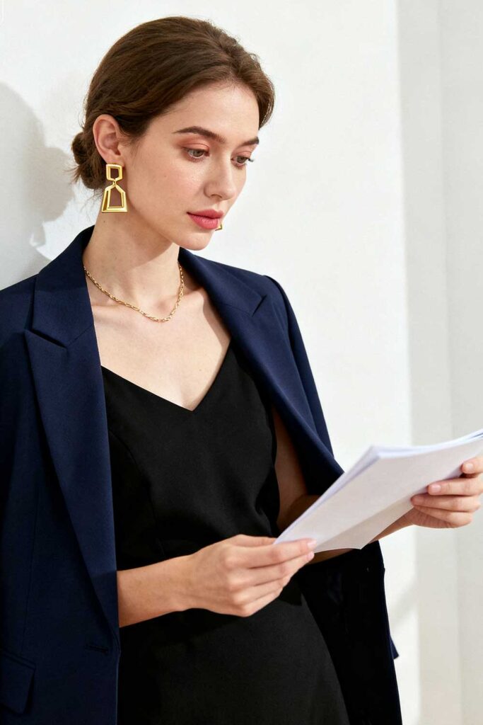 Thursday-(Important-Presentation)-Black-dress-+-navy-blazer-+-statement-accessories