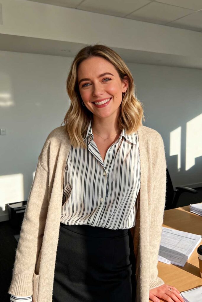 Tuesday-(Regular-Office)-Striped-shirt-+-black-skirt-+-beige-cardigan