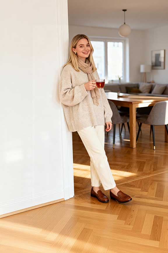 Beige-Oversized-Sweater-+-Straight-Pants-+-Loafers
