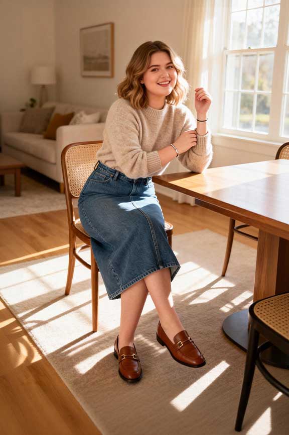 Cashmere-Sweater-+-Midi-Denim-Skirt-+-Loafers