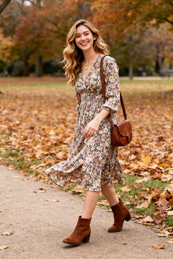 Floral-Midi-Dress-+-Chestnut-Ankle-Boots
