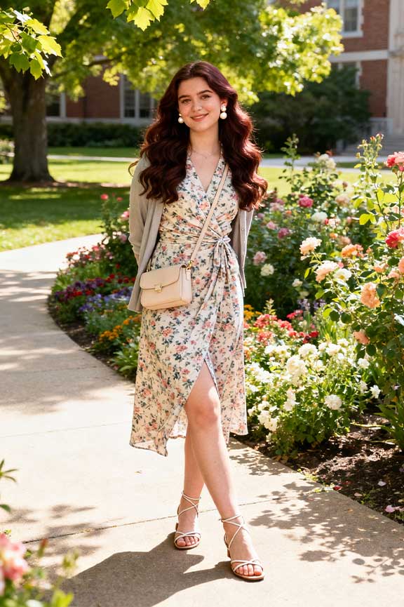 Floral-midi-wrap-dress-+-strappy-sandals-+-lightweight-cardigan