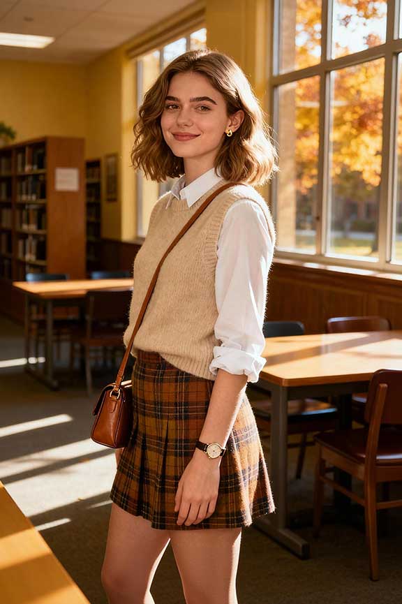 Knit-Vest-+-White-Shirt-+-Plaid-Skirt