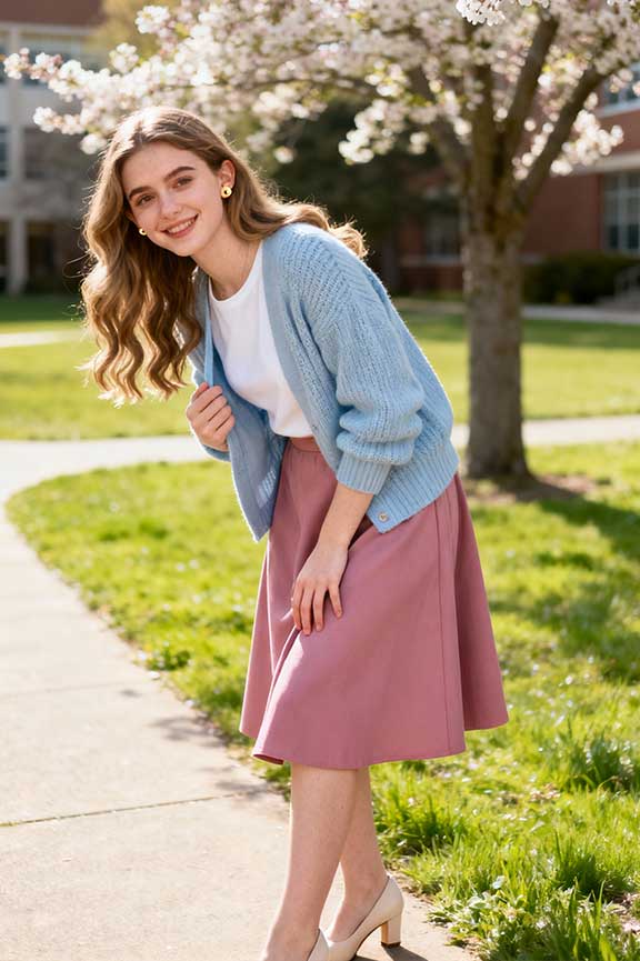 Light-blue-cardigan-+-dusty-pink-A-line-skirt-+-beige-low-heel