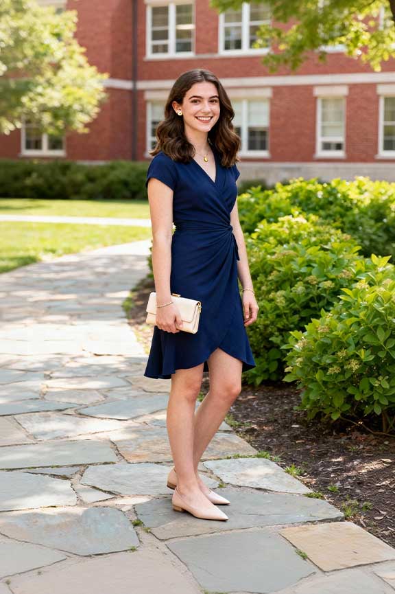 Navy-wrap-dress-+-pointed-flats-+-delicate-gold-jewelry