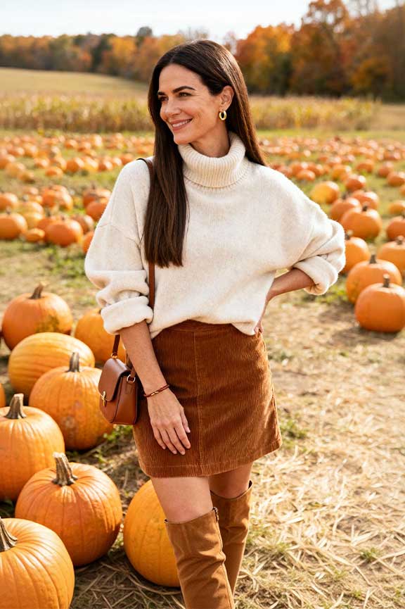 Oversized-Turtleneck-+-Corduroy-Skirt-+-Knee-High-Boots
