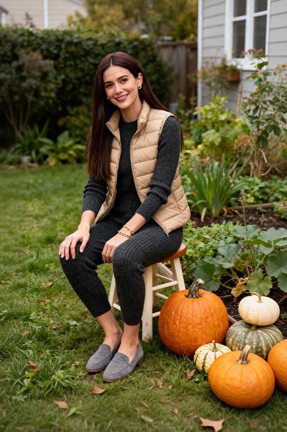 Puffy-Vest-+-Knit-Jumpsuit-+-Flat