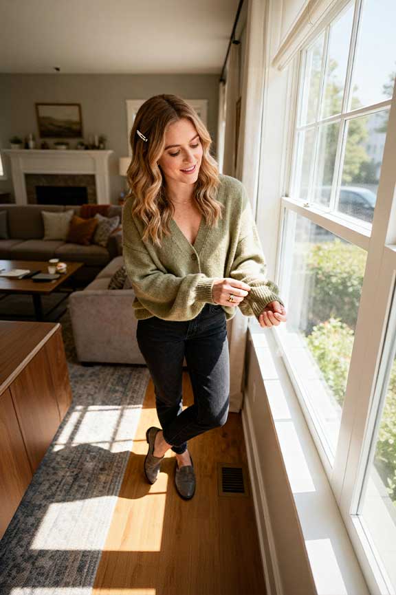 V-Neck-Cardigan-+-Jeans