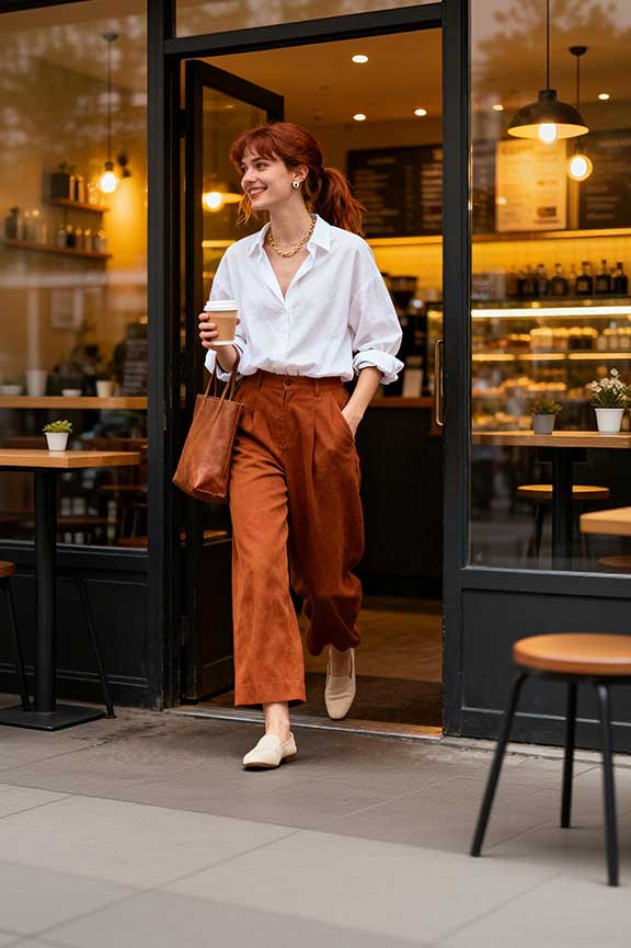 White-Loose-Shirt-+-Caramel-Wide-Leg-Pants-+-Flat