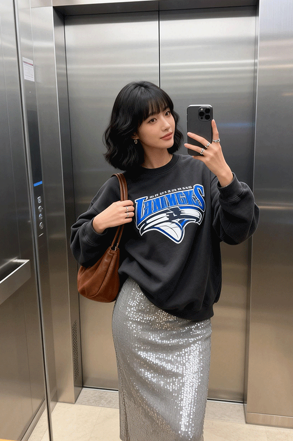 Charcoal-Graphic-T-Shirt-+-Light-Gray-Sequin-Skirt-+-Brown-Hobo-Bag