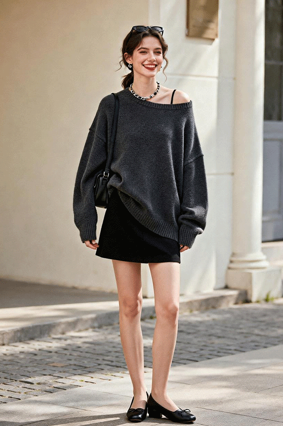 Oversized-Crewneck-Sweater-+-Black-Mini-Skirt-+-Ballet-Flats