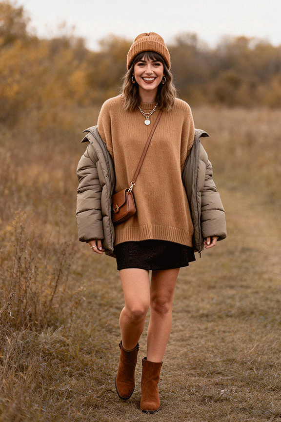 Oversized-Sweater-+-Mini-Skirt-+-Puffer-Coat