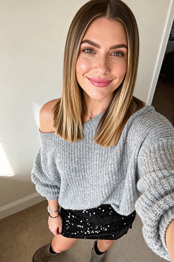 Sequin-Mini-Skirt-+-Oversized-Knit-+-Flat-Boots